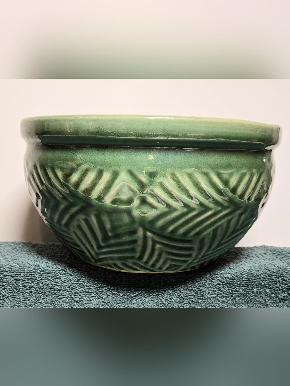 Vintage Green Made in Vietnam Ceramic Planter Geometric Raised Pattern